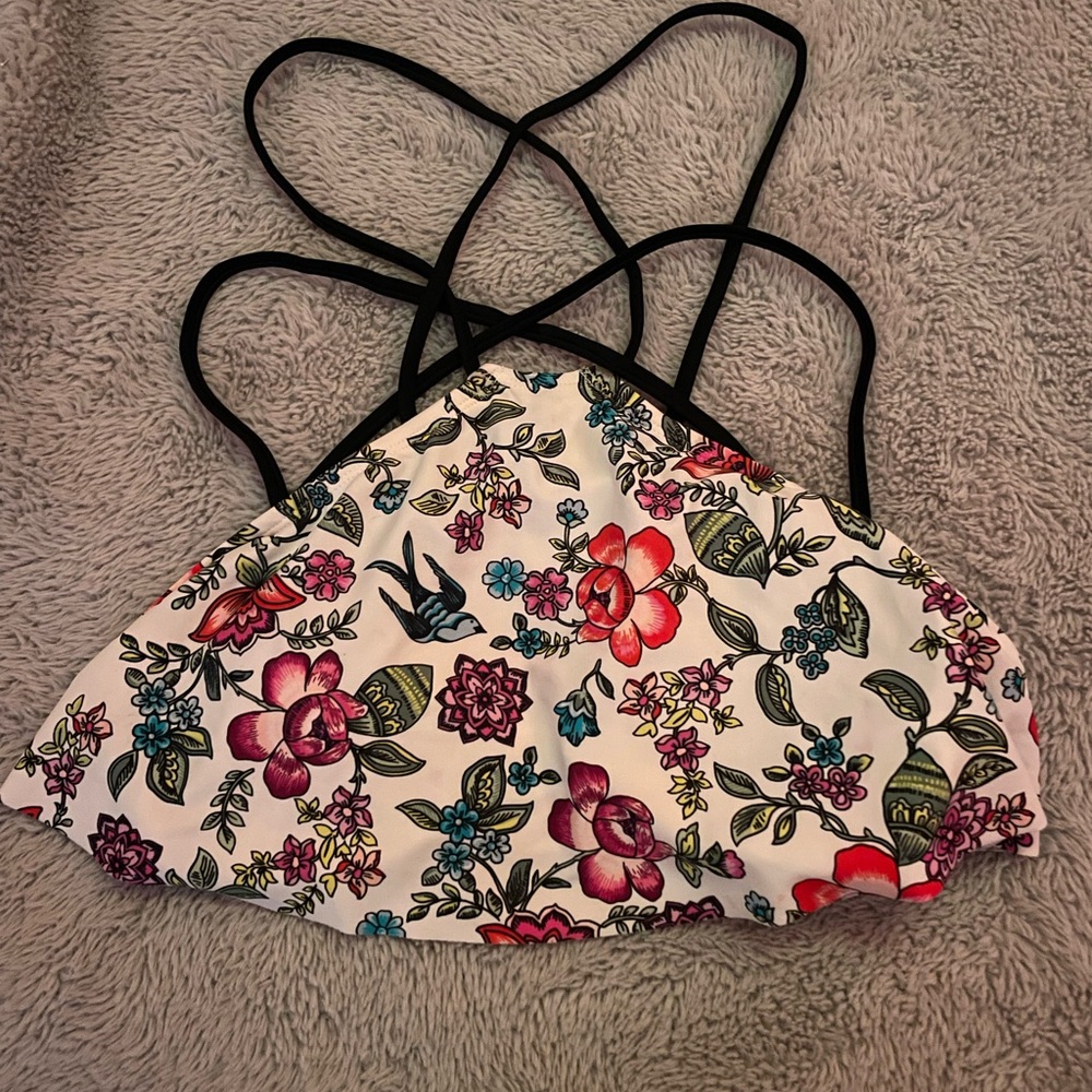 Aerie Floral Bikini Top with Black Accents